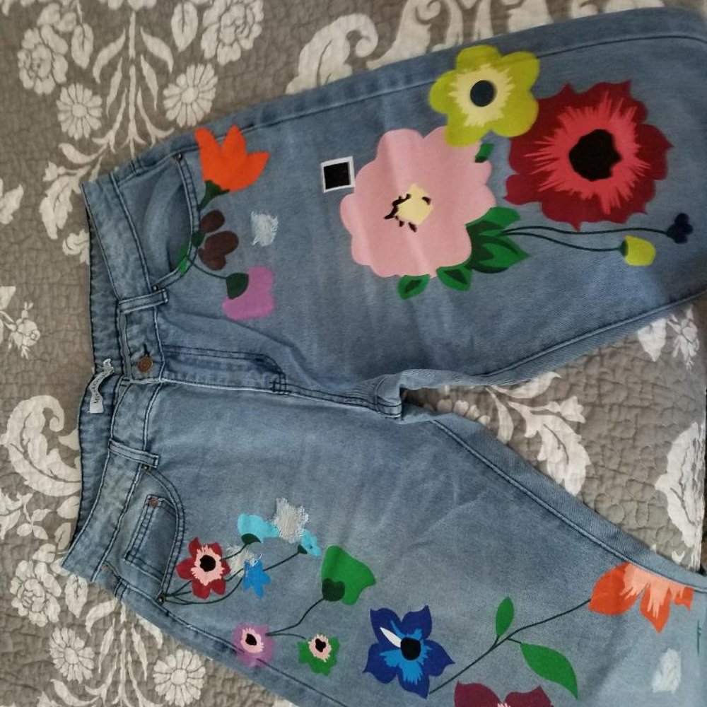 DENIM JEANS FLORAL PAINTED, NEW XL